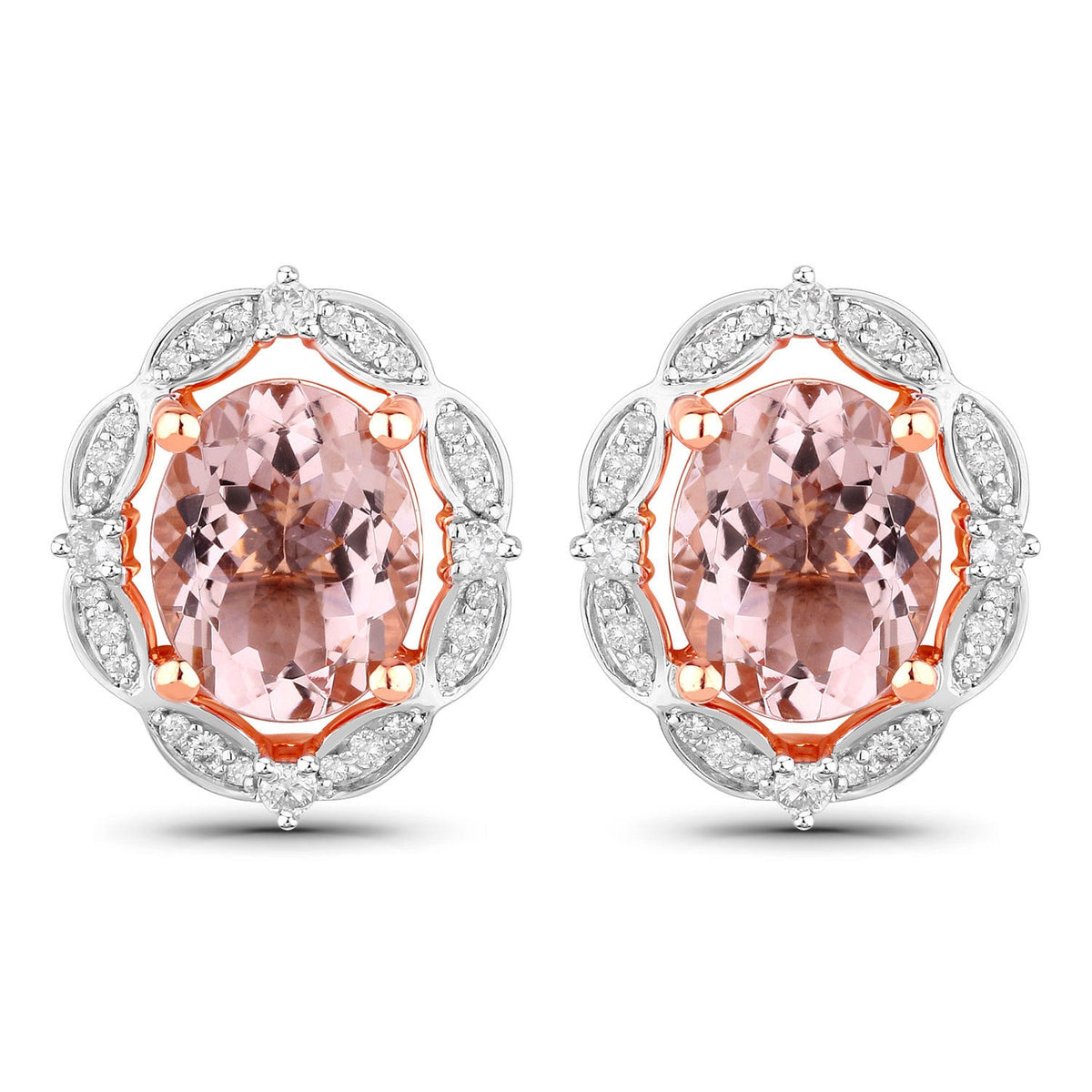 3.52 Carat Genuine Morganite and White Diamond 14K Rose Gold Earrings