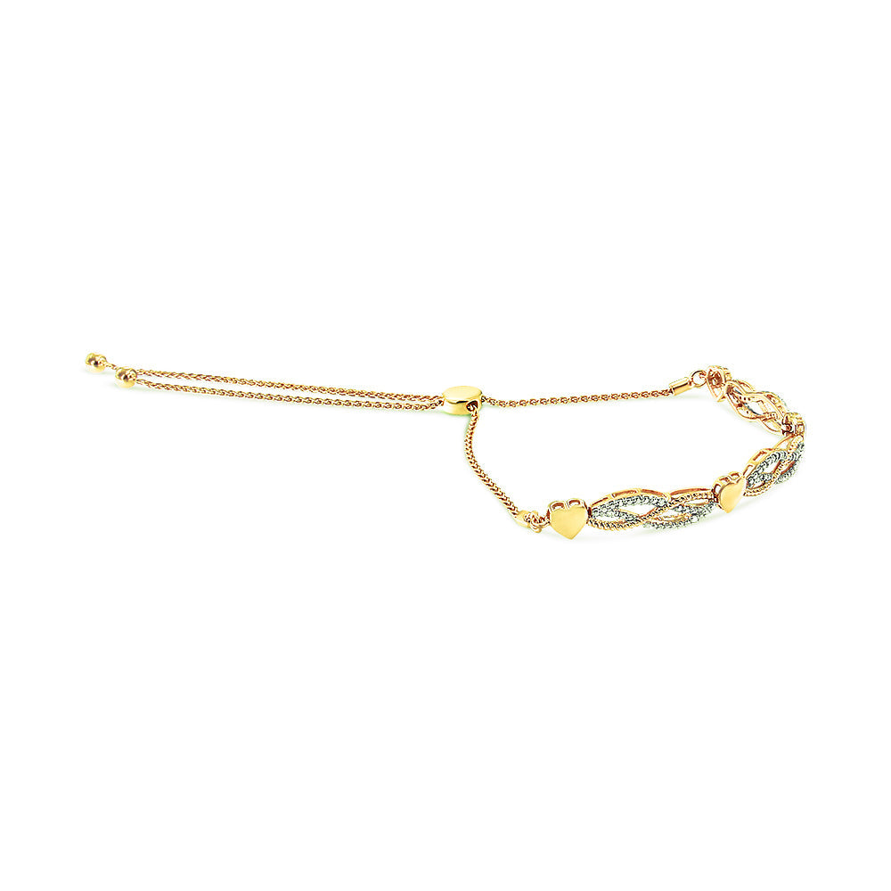 14K Yellow Gold Plated .925 Sterling Silver 1/10 Cttw Diamond Wave and Hearts Bolo Bracelet (I-J Color, I2-I3 Clarity) - 4"-10" Adjustable
