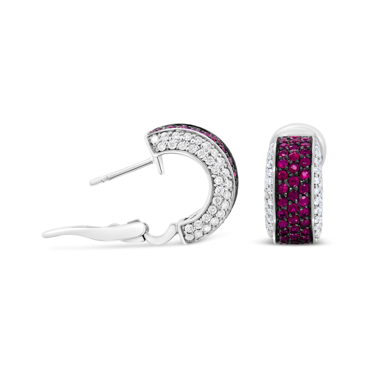 18K White Gold and Black Rhodium Plated 3/4 Cttw Round Diamonds and 1mm Round Red Ruby Huggie Hoop Earrings (F-G Color, VS1-VS2 Clarity)