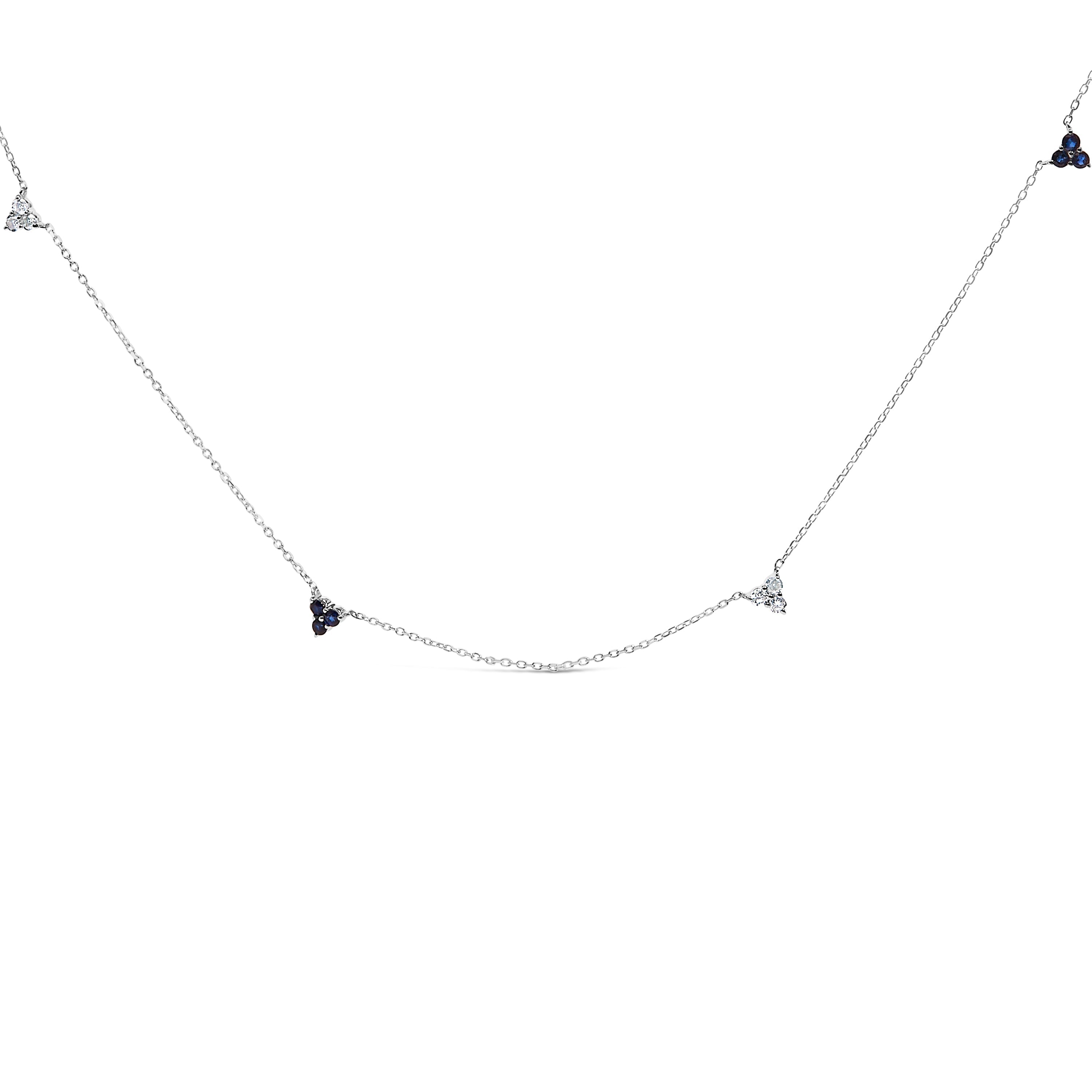 14K White Gold 1/5 Cttw Diamond and Sapphire Trio Cluster Station Necklace