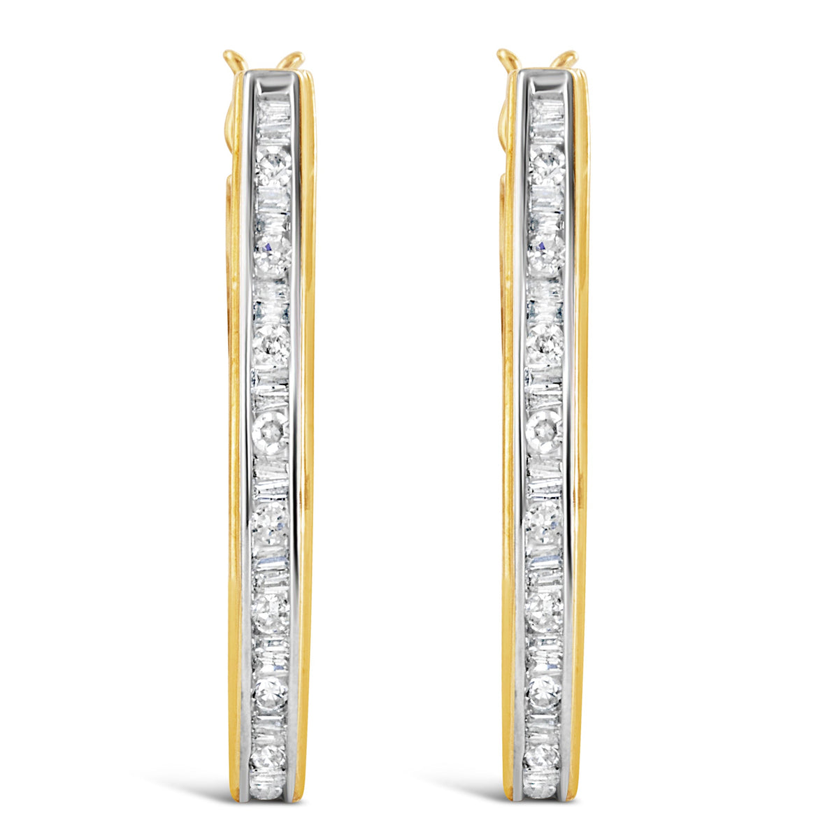10K Yellow Gold 1.00 Cttw Round and Baguette-Cut Diamond U-Hoop Earrings (H-I Color, SI2-I1 Clarity)