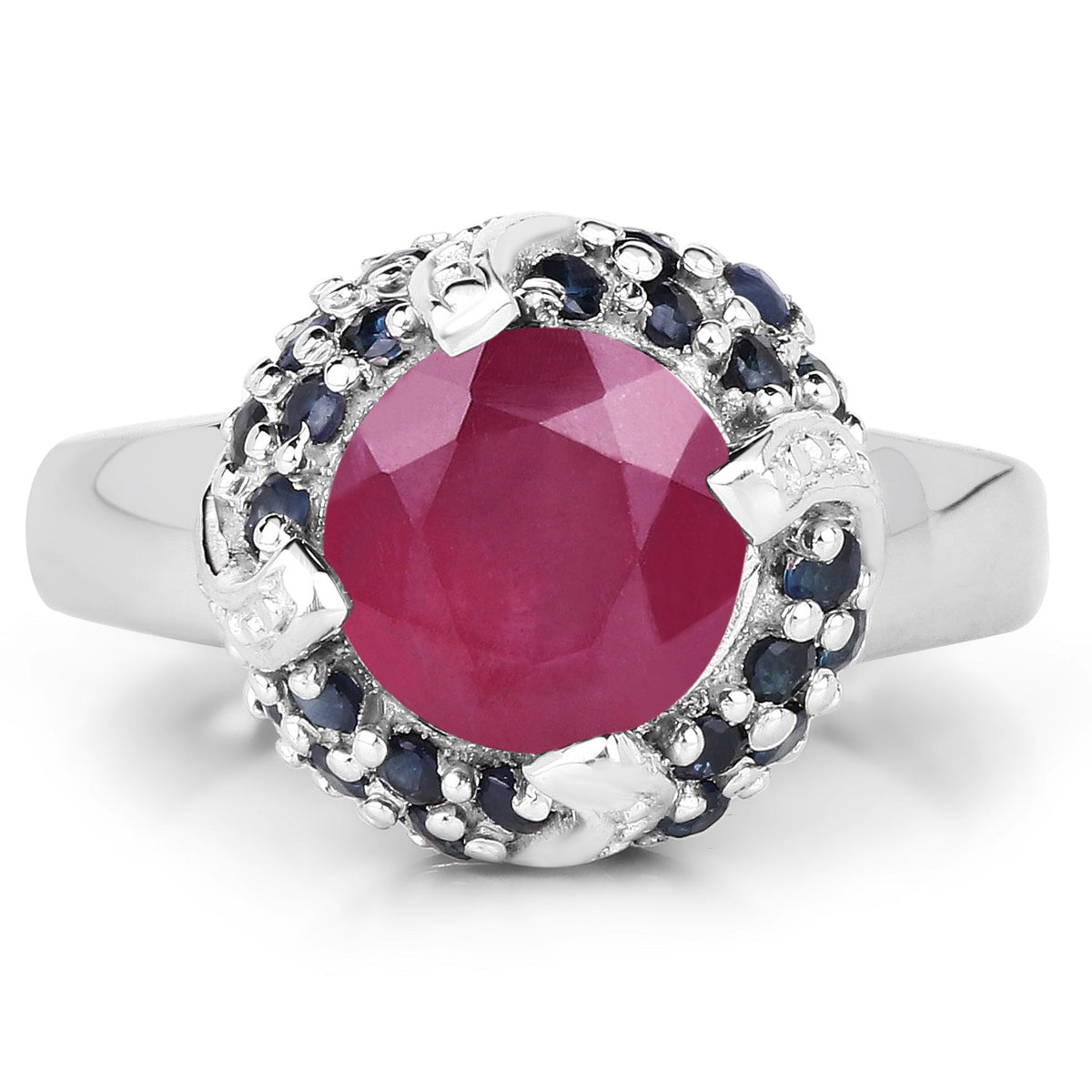 3.70 Carat Glass Filled Ruby and Blue Sapphire .925 Sterling Silver Ring