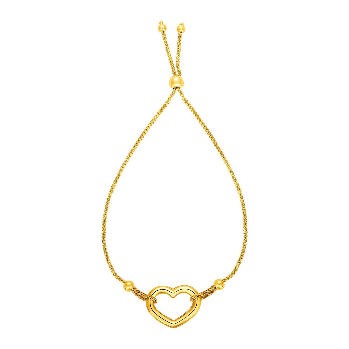 Adjustable Bracelet with Shiny Open Heart in 14k Yellow Gold