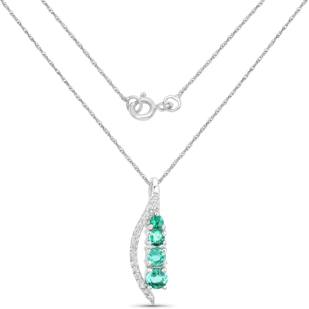 0.34 Carat Genuine Zambian Emerald and White Diamond 14K White Gold Pendant