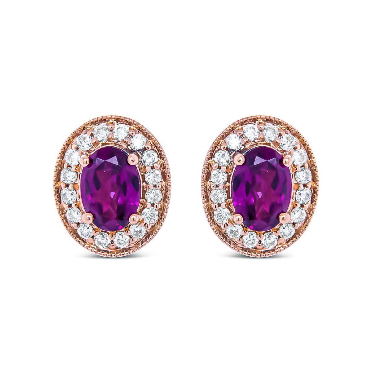 14K Rose Gold 7x5mm Oval Cut Garnet and 3/8 Cttw Round Diamond Halo Stud Earrings (G-H Color, SI1-SI2 Clarity)
