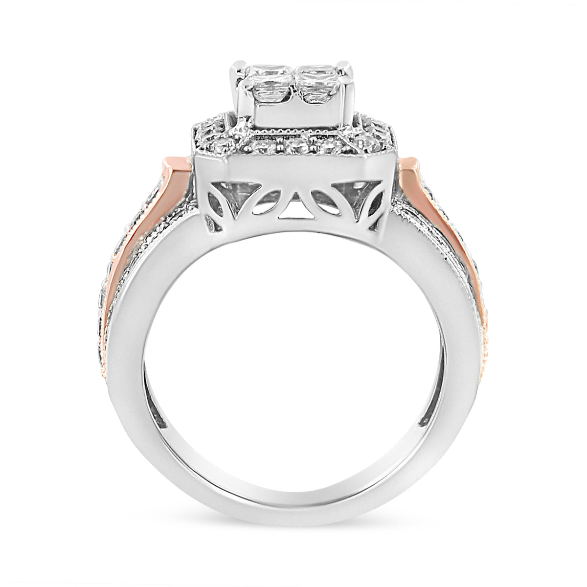 14K White and Rose Gold 1 1/8 Cttw Princess and Round-Cut Diamond Art Deco Style Triple Shank Halo Cocktail Ring (I-J Color, SI2-I1 Clarity) - Size 7
