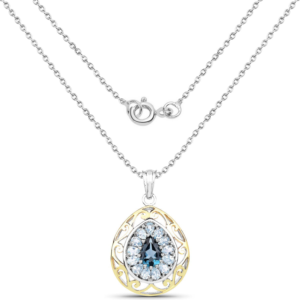 18K Yellow Gold Plated 4.44 Carat Genuine London Blue Topaz and Blue Topaz .925 Sterling Silver Pendant