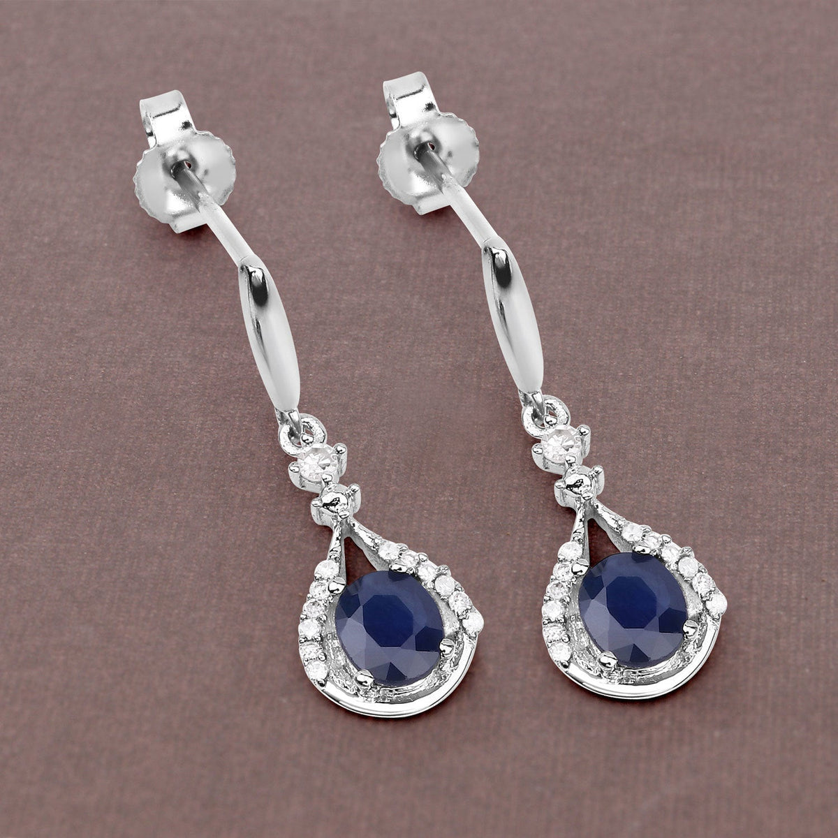 0.86 Carat Genuine Blue Sapphire and White Diamond 14K White Gold Earrings