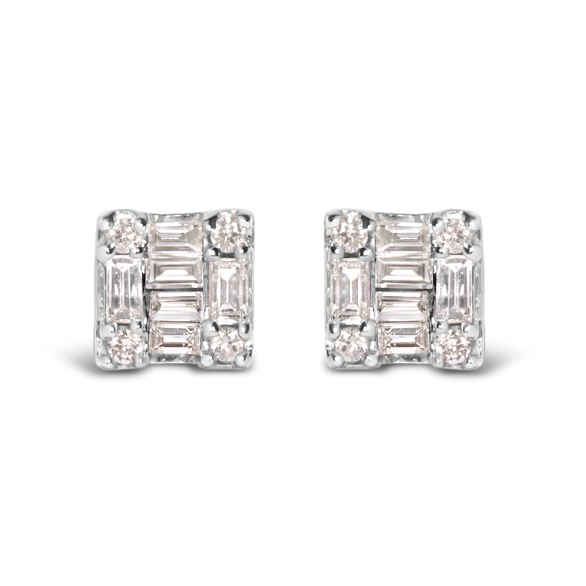 10K White Gold 1/7 Cttw Round and Baguette Diamond Mosaic Square Stud Earrings (H-I Color, I1-I2 Clarity)