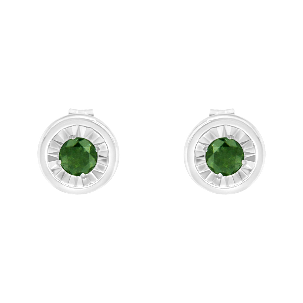 .925 Sterling Silver 1/4 Cttw Round Brilliant-Cut Green Diamond Miracle-Set Stud Earrings (Fancy Color-Enhanced, I1-I2 Clarity)