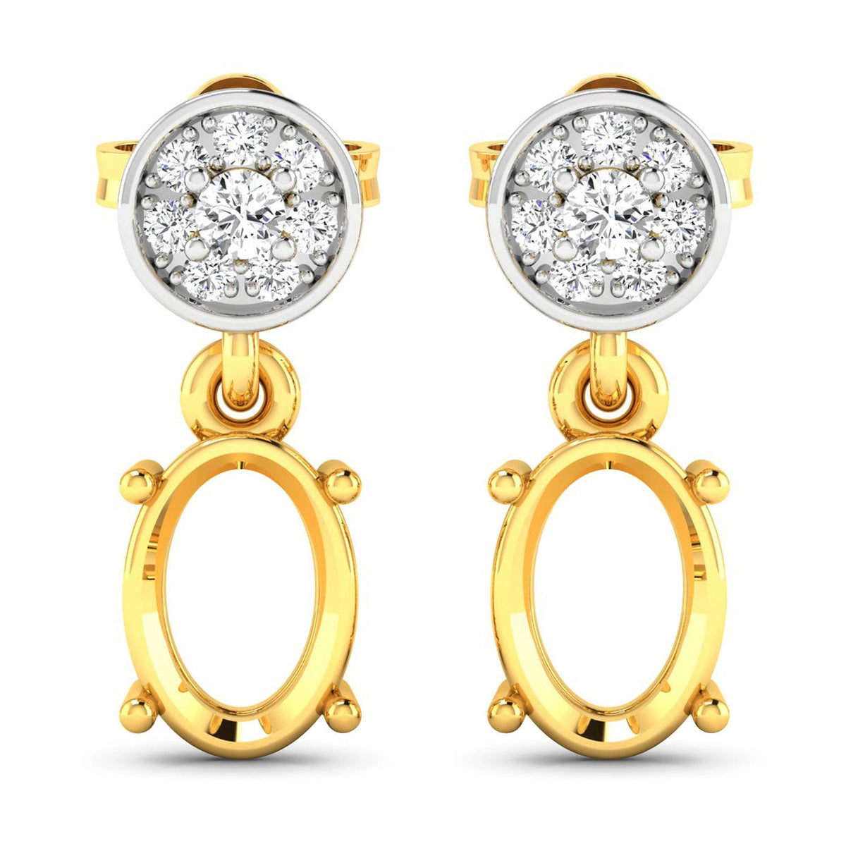 0.11 Carat Genuine White Diamond 14K Yellow Gold Semi Mount Earrings - holds 7x5mm Oval Gemstones