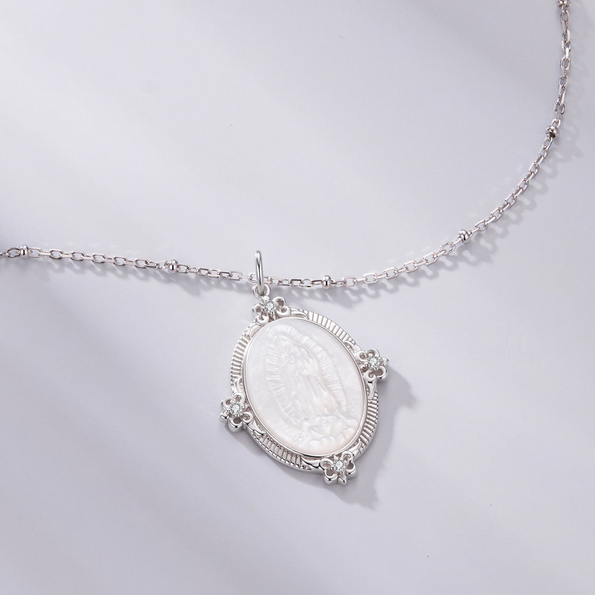 925 Sterling Silver Necklace with White Gold Plating, 40+5cm Length, CZ & Mother of Pearl Pendant for Women