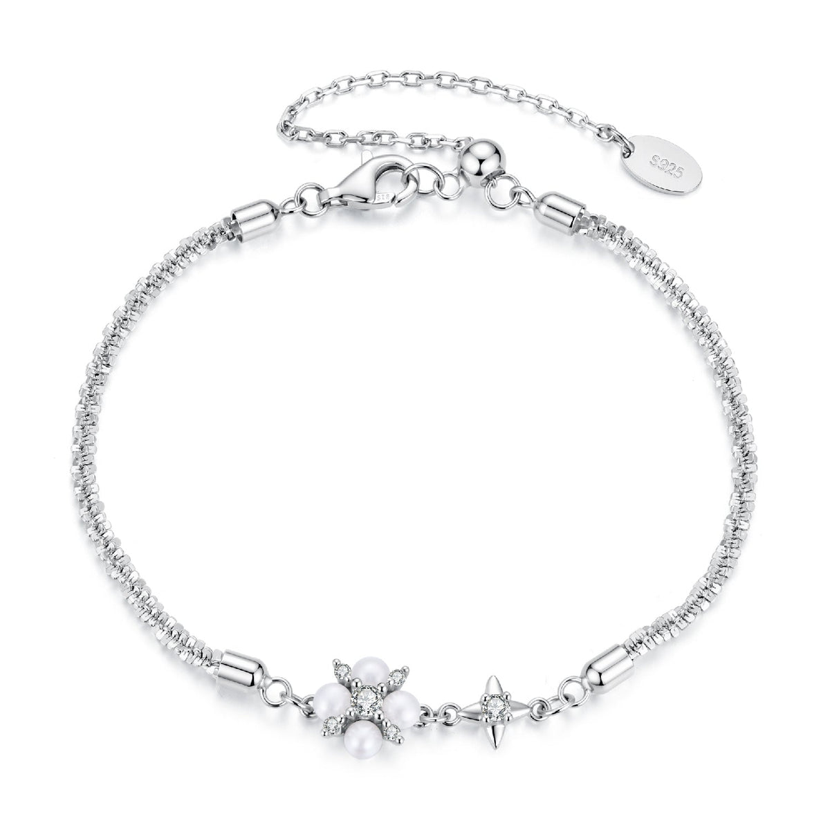925 Sterling Silver Adjustable Moissanite & Natural Pearl Bracelet for Women