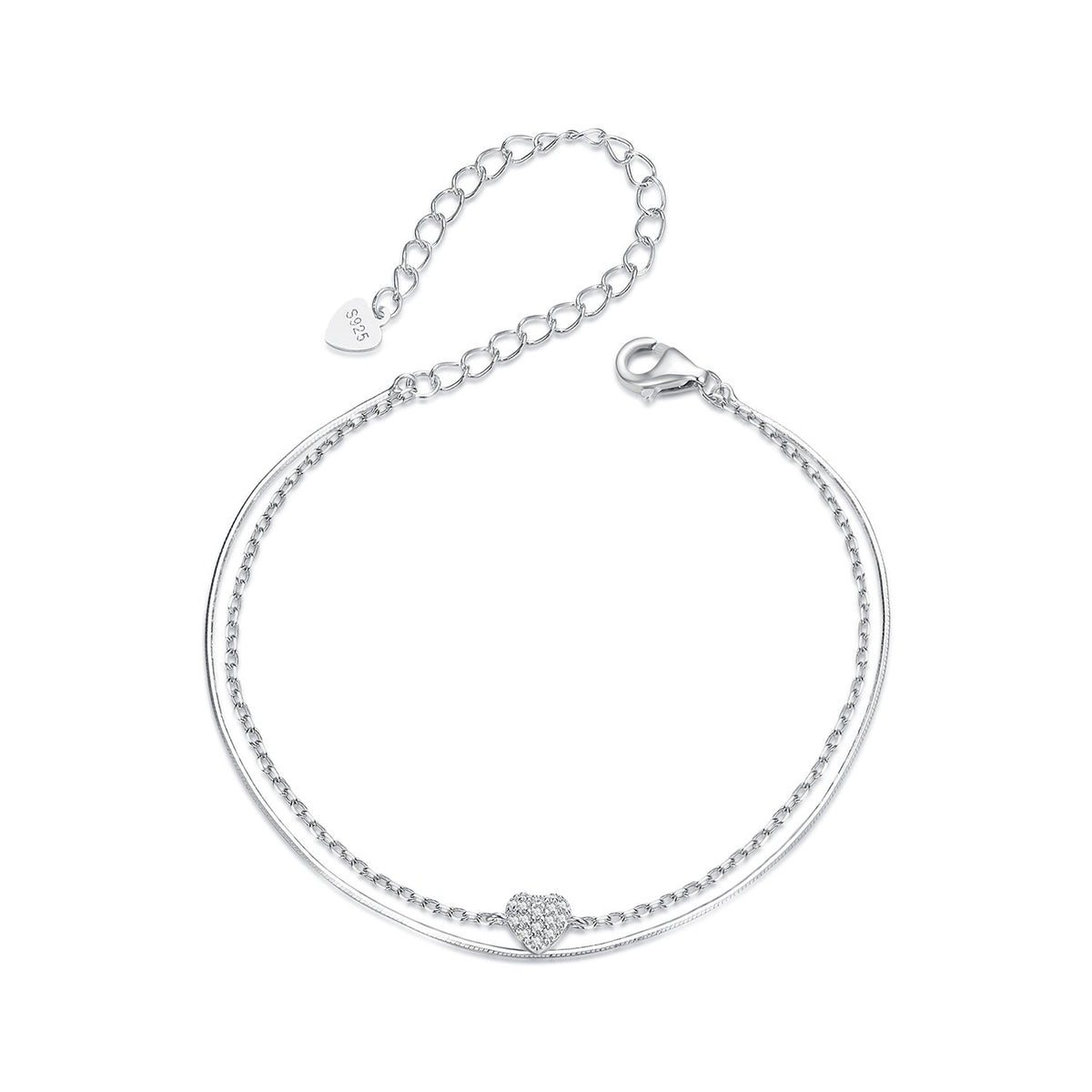 925 Sterling Silver White Gold Plated Heart-Shaped Bracelet with CZ, Length 150+60mm