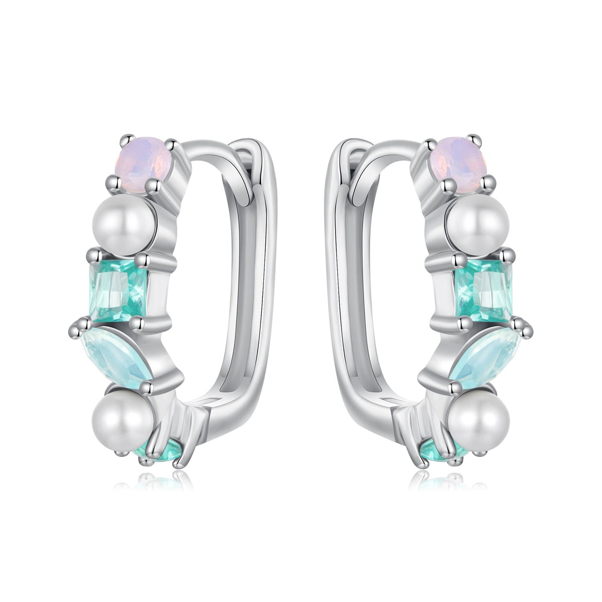 925 Sterling Silver Earrings with Nano Opal, Shell Pearl and Glass, 1.4cm for Women