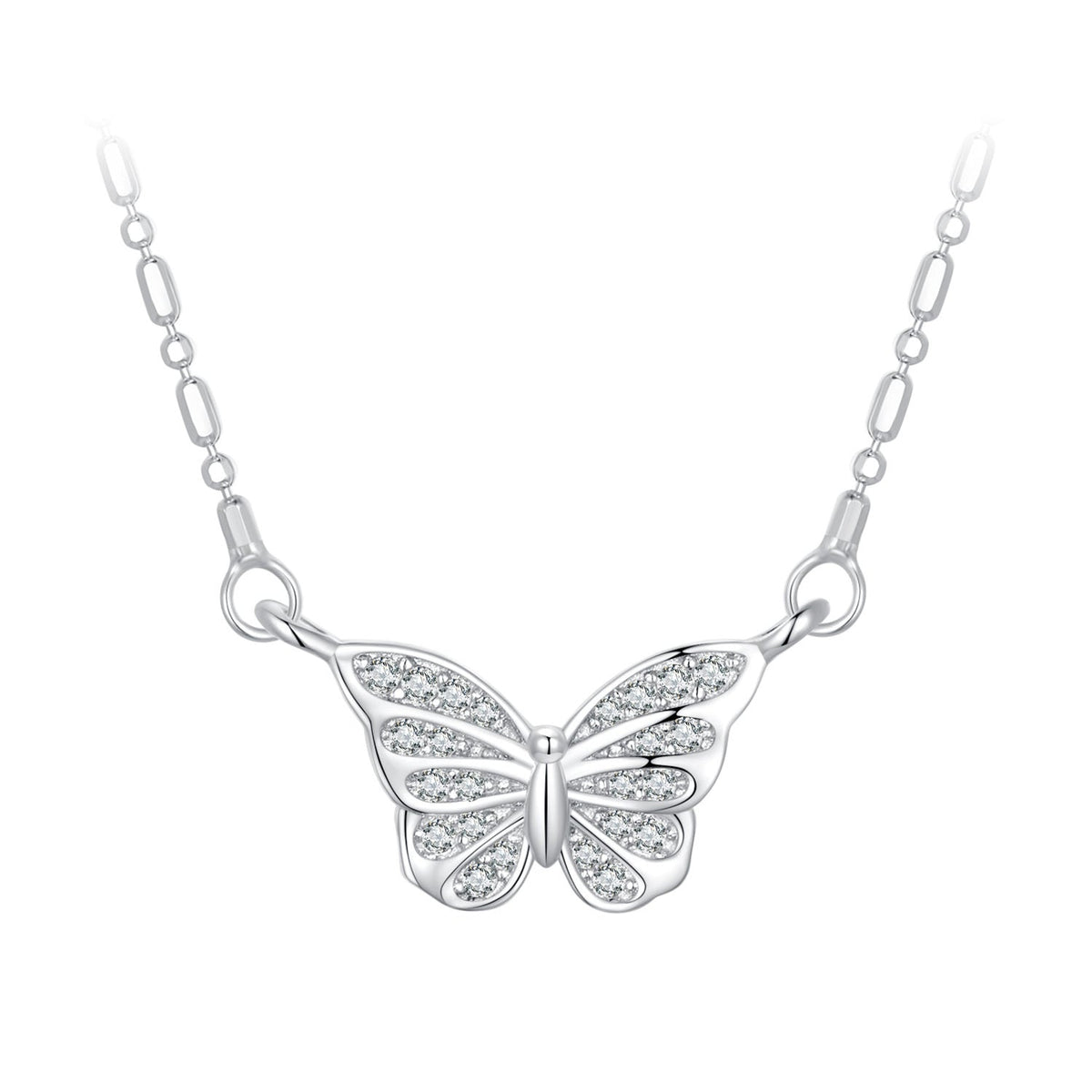 925 Sterling Silver Necklace with Pavé Setting CZ, Length 390+60mm, Pendant Size 8x15mm, for Women