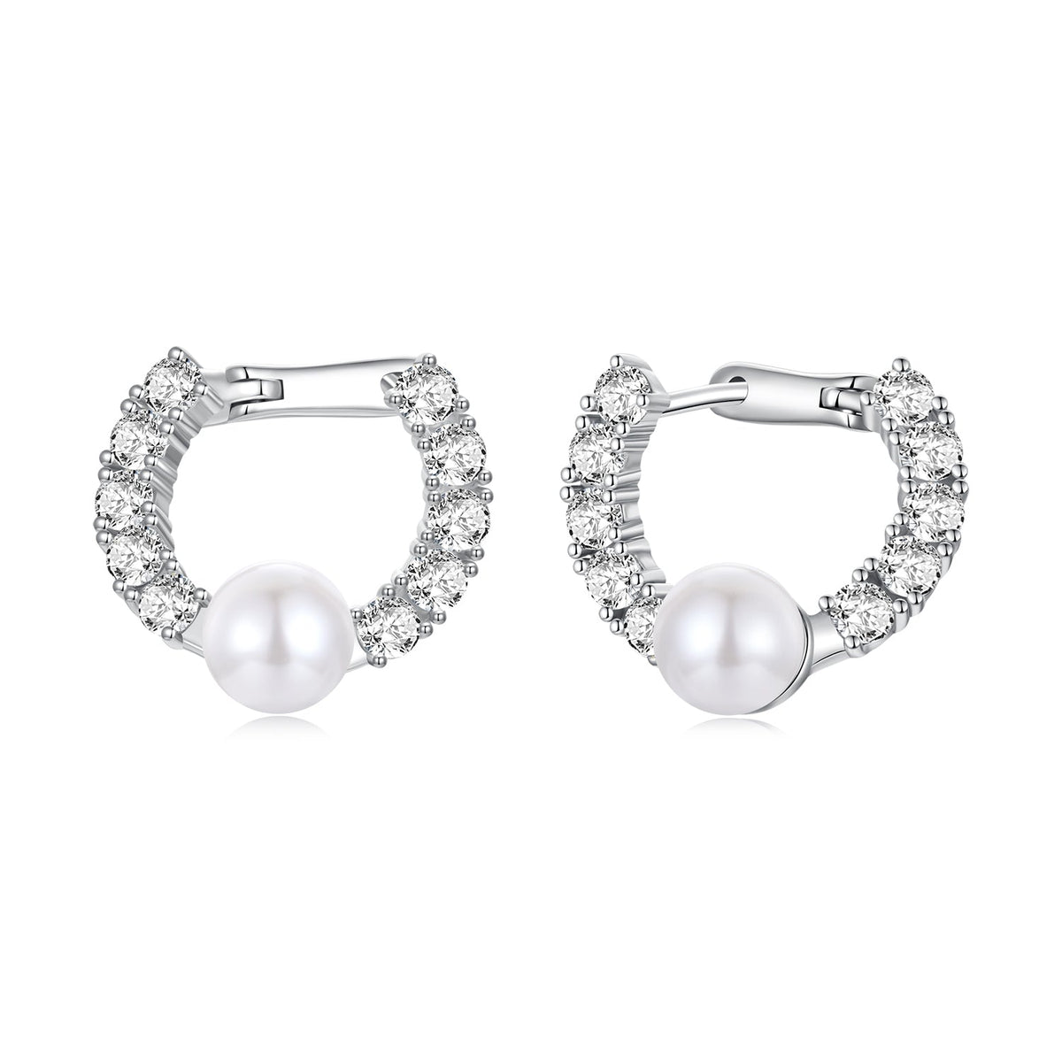 925 Sterling Silver White Gold Plated 1.6cm Hoop Earrings with Synthetic Pearl for Women