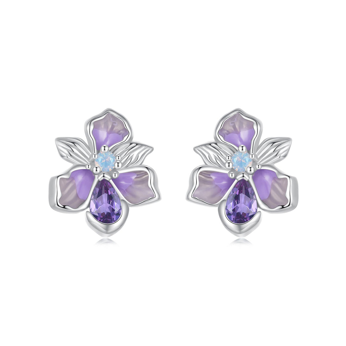 925 Sterling Silver Earrings with Nano Opal Stone and CZ, White Gold Plated, 0.7cm, for Women