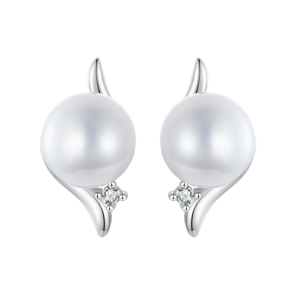 925 Sterling Silver Natural Pearl & CZ Earrings Plated in Platinum