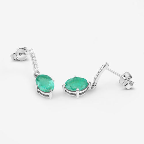 1.49 Carat Genuine Zambian Emerald and White Diamond 10K White Gold Earrings
