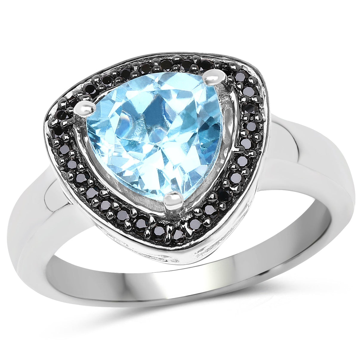 2.06 Carat Genuine Baby Swiss Blue Topaz and Black Diamond .925 Sterling Silver Ring