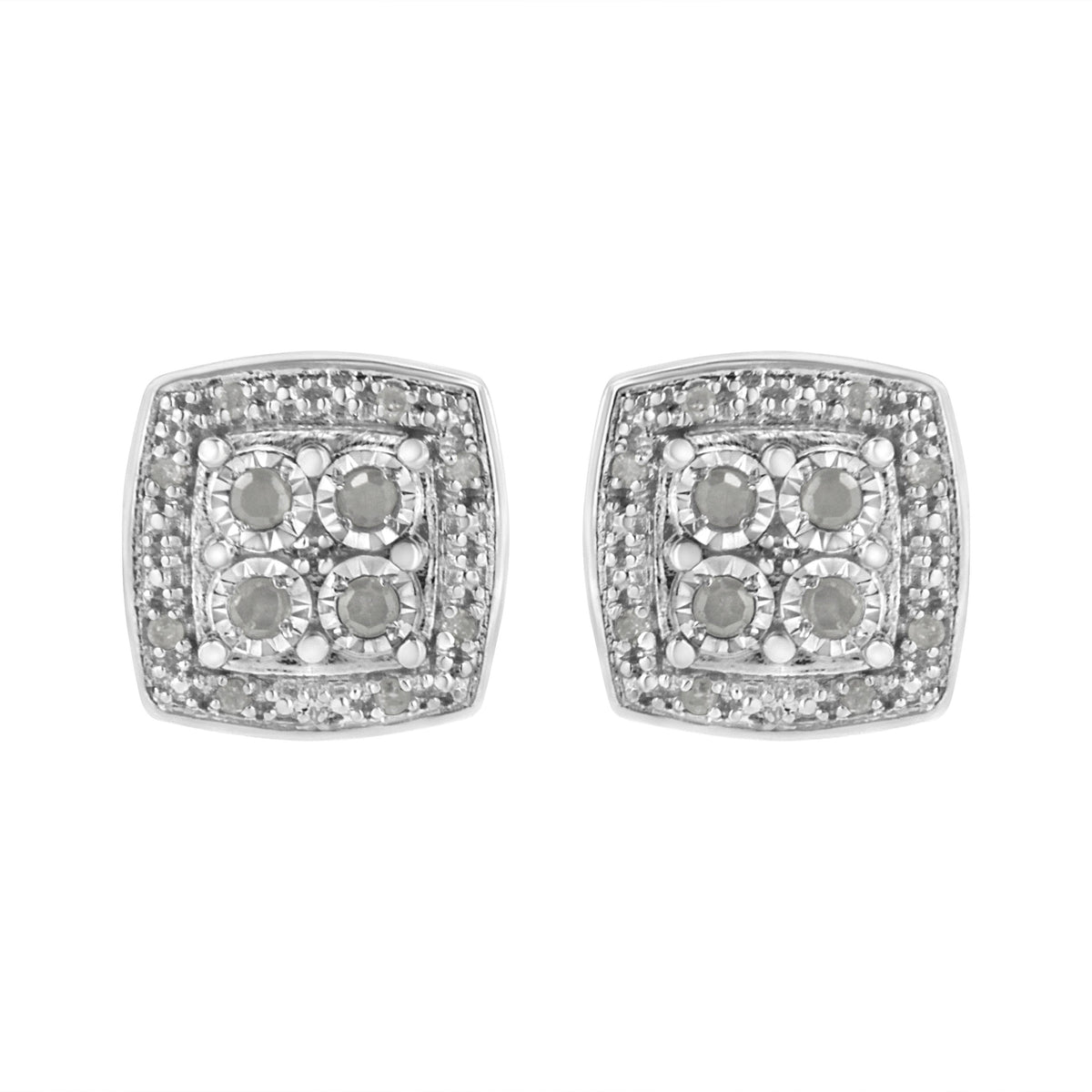 .925 Sterling Silver 1/4 cttw Round Cut Diamond Square Shape Milgrain Stud Earrings (I-J Color, I3 Clarity)