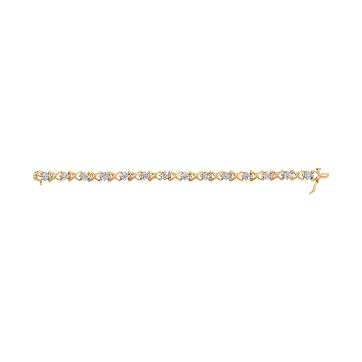 10k Yellow Gold 2.00 Cttw Diamond Cluster and Alternating "X" Link Bracelet (I-J Color, I3 Clarity) - 7"
