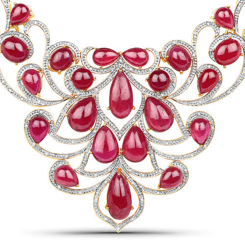 160.14 Carat Glass Filled Ruby and White Diamond .925 Sterling Silver Necklace
