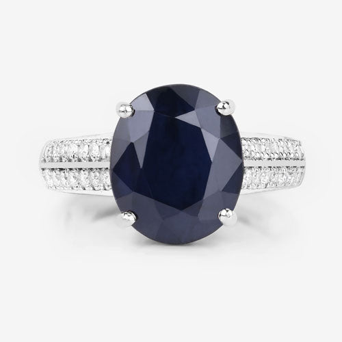 6.49 Carat Genuine Blue Sapphire and White Diamond 14K White Gold Ring